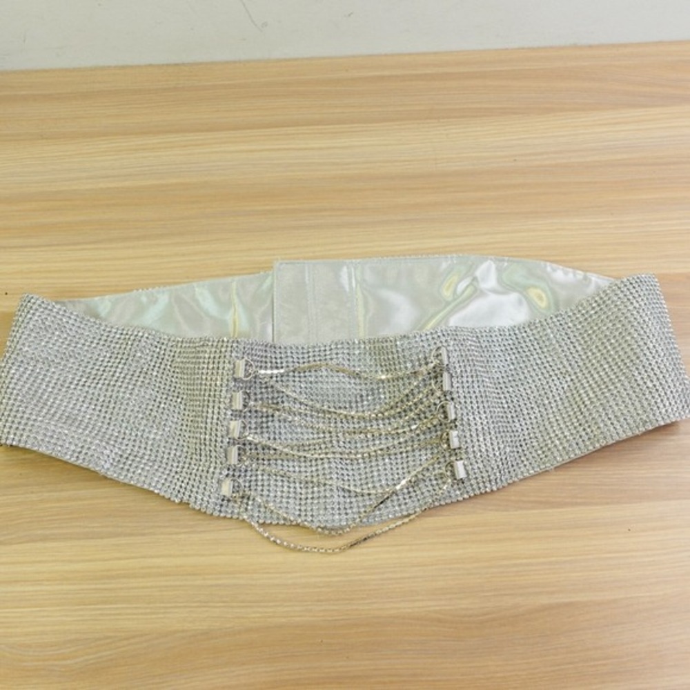 Y2K Bling Rhinestone Studded Mesh Corset Belt M 36 Silver Sparkly Cocktail